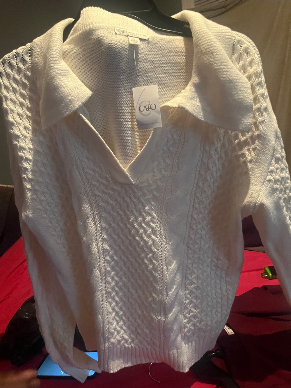 Cato Women's Ivory Cable Knit V-Neck Collared Sweater